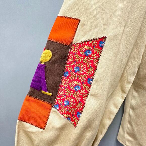 Vintage 70s tan patchwork sleeve twill cropped long sleeve Boxy top Size Small - Picture 13 of 15